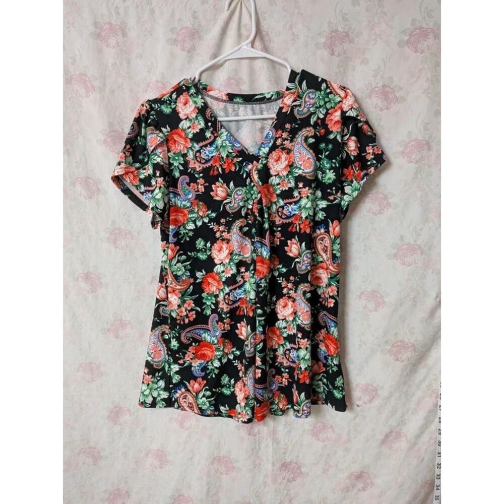 L Bright Floral & Paisley V-Neck Top A095